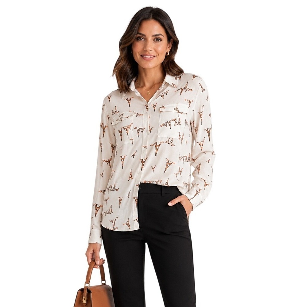 Karl Lagerfeld Women's Eiffel Tower Printed Collared Button Down Blouse Sz Small